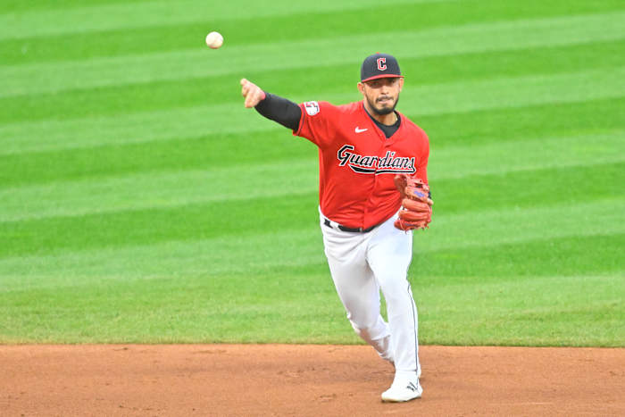 Oct 3, 2022; Cleveland, Ohio, USA; Cleveland Guardians shortstop Gabriel Arias (8) throws to first base in the third inning against the Kansas City Royals at Progressive Field. Mandatory Credit: David Richard-USA TODAY Sports